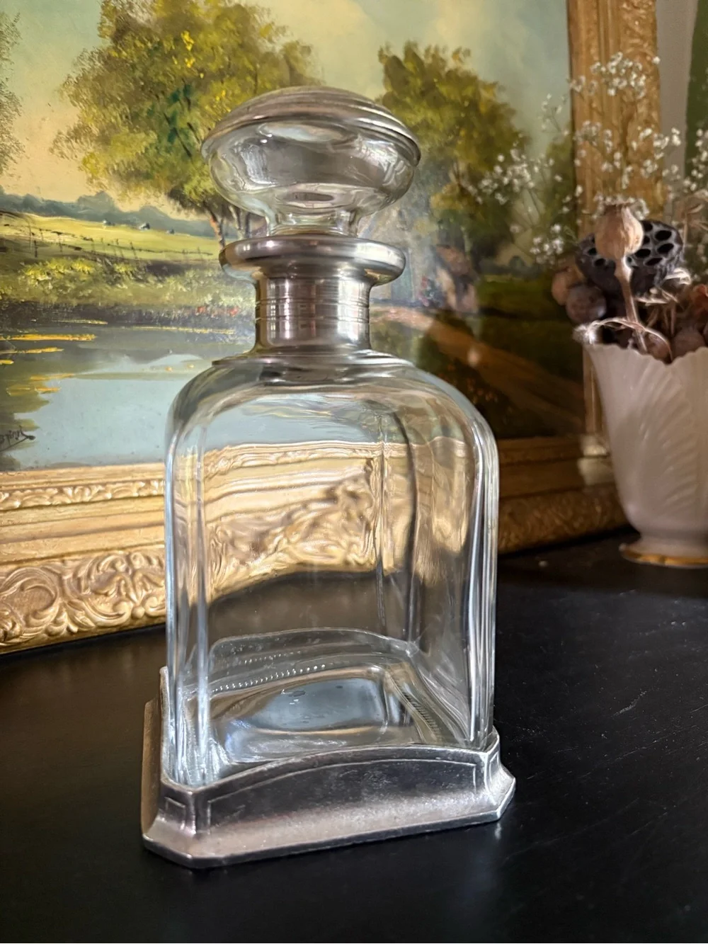 Italian Glass & Pewter Medium Geometric Decanter w/ Rounded Stopper Minimalist